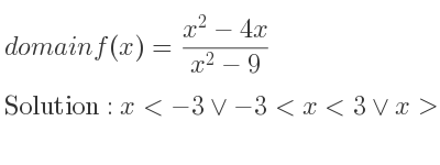 The domain of f(x)=(x^2-4x)/(x^2-9) is x<-3\lor-3<x<3\lor x>3